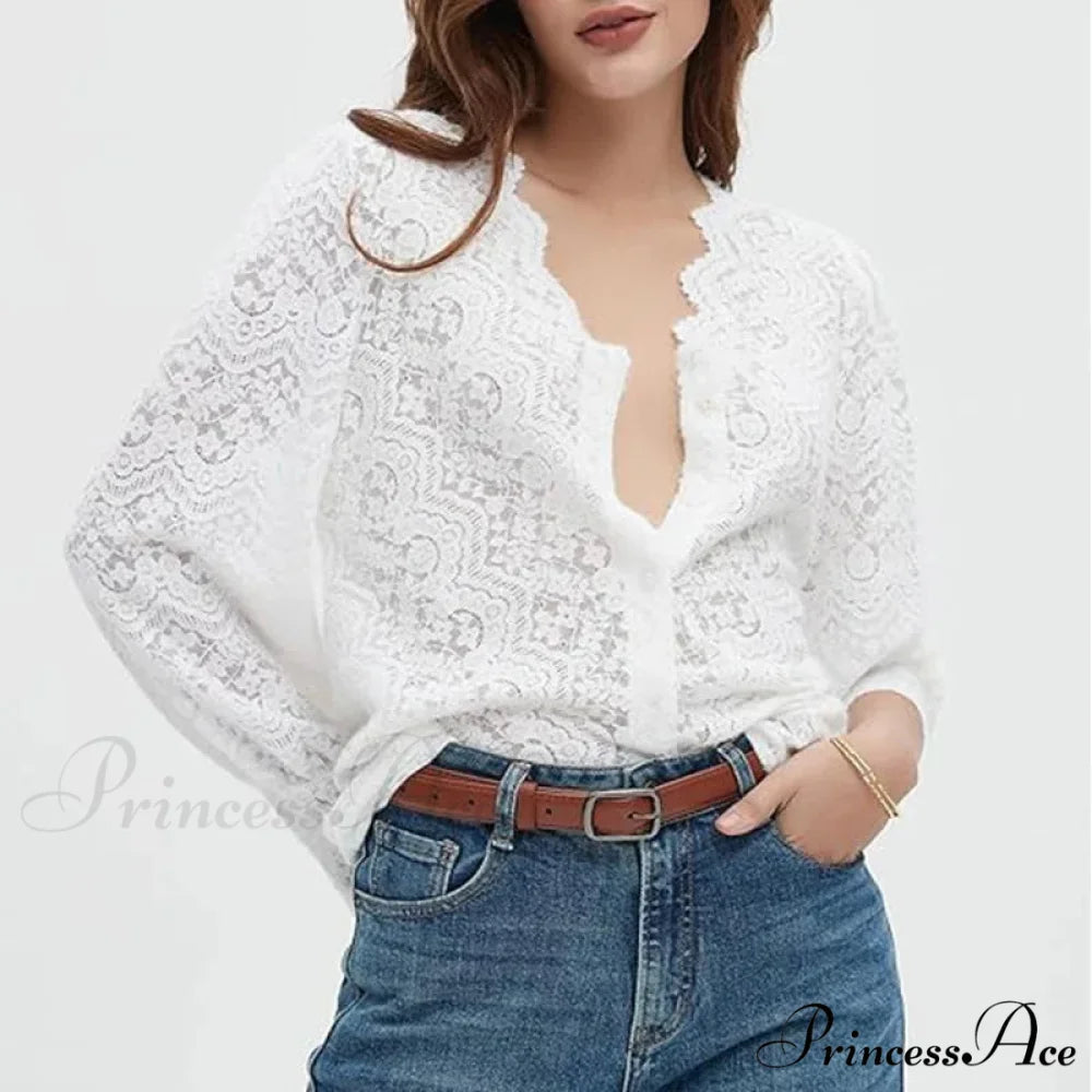 Lace Deep-Neck Floral Classic Long Sleeve Boho Blouse White / S bohoblouse-250126