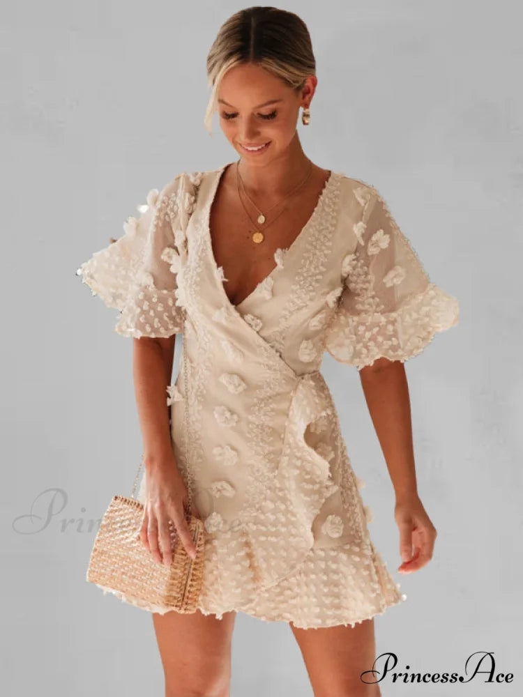 lace dress for chain short-sleeved flower link V-neck women khaki / S