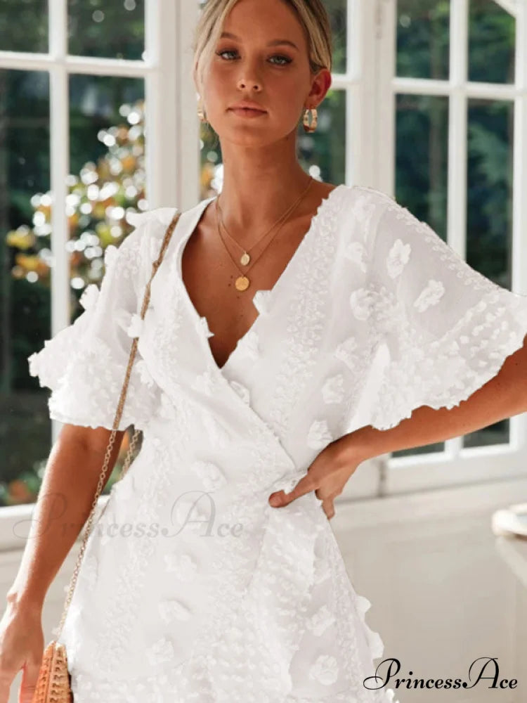 lace dress for chain short-sleeved flower link V-neck women White / S