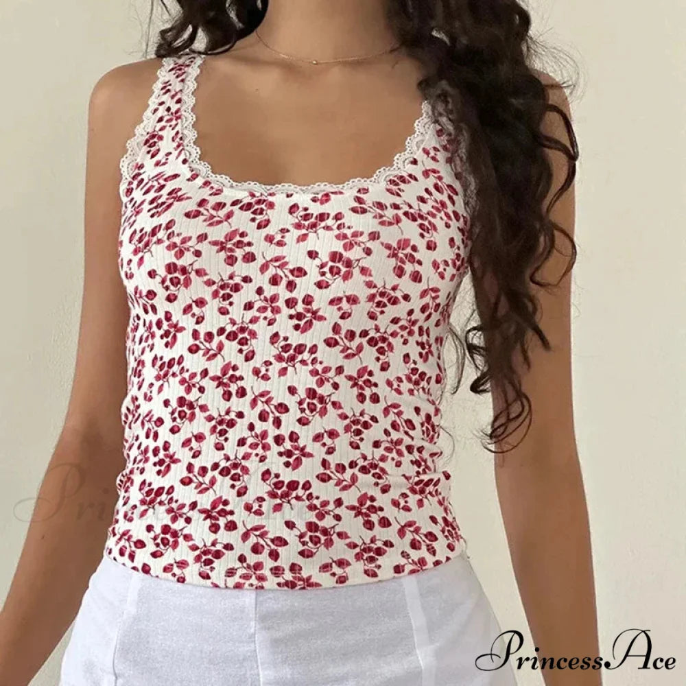 Lace Edging Trim Tight Fit Millennium Summer Flower Sleeveless Informal Fundamental Crop Top Beige / S croptop-250126