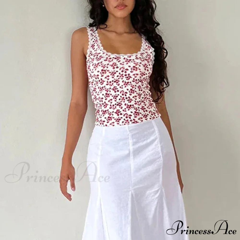 Lace Edging Trim Tight Fit Millennium Summer Flower Sleeveless Informal Fundamental Crop Top croptop-250126