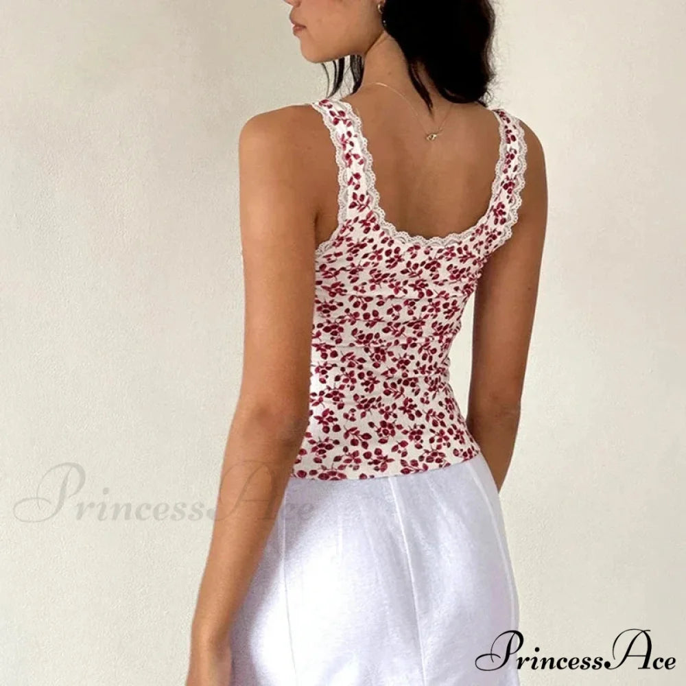 Lace Edging Trim Tight Fit Millennium Summer Flower Sleeveless Informal Fundamental Crop Top croptop-250126