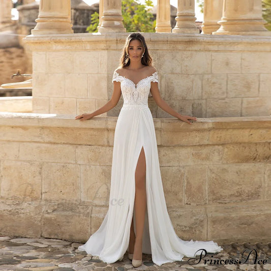 Lace Exposed-Shoulder Marriage Gown White / 2 weddingdress-250223