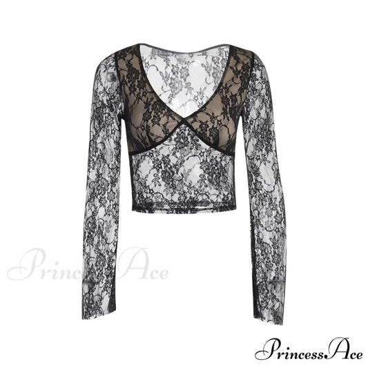 Lace Fairy Grunge V-neck See-Through Slim Fit Stylish Elegant Trendy Classic Crop Top Black / S
