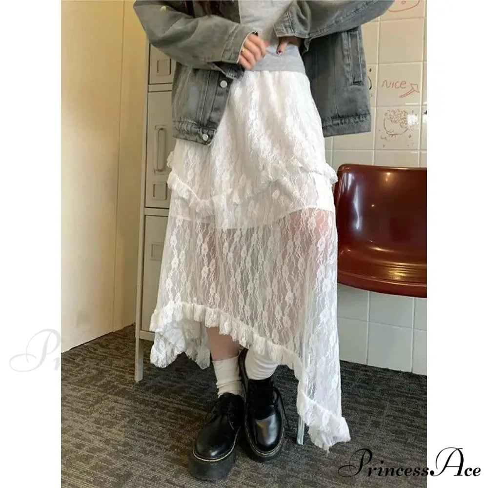 Lace Fairycore Tulle Ruffle Vintage Irregular Skirt White / S