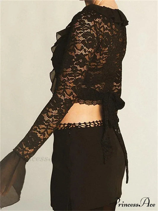 Lace Flora Flare Sleeve V Neck Ruffles Mesh Sheer T-shirts