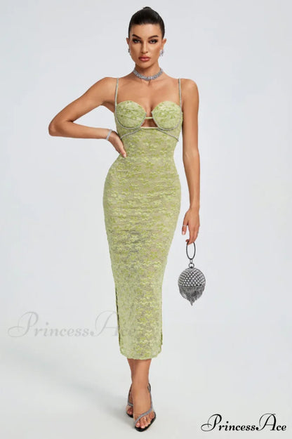 Lace Floral Crystal Charming Chain Bustier Midi Dress