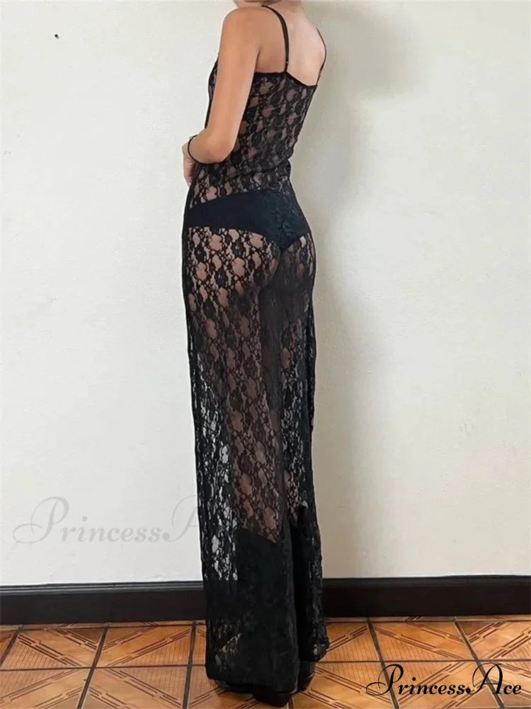 Lace Floral Mesh See Through Summer Beach Cover Ups Women Sleeveless Strap Solid Slim Vestidos