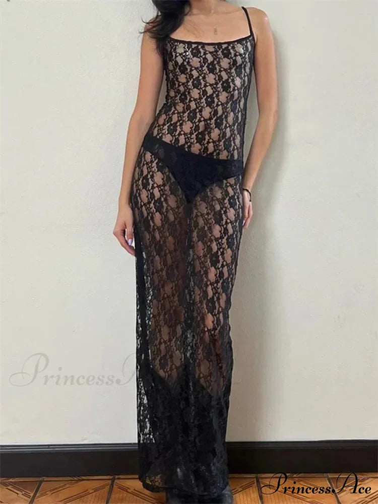 Lace Floral Mesh See Through Summer Beach Cover Ups Women Sleeveless Strap Solid Slim Vestidos Black / S