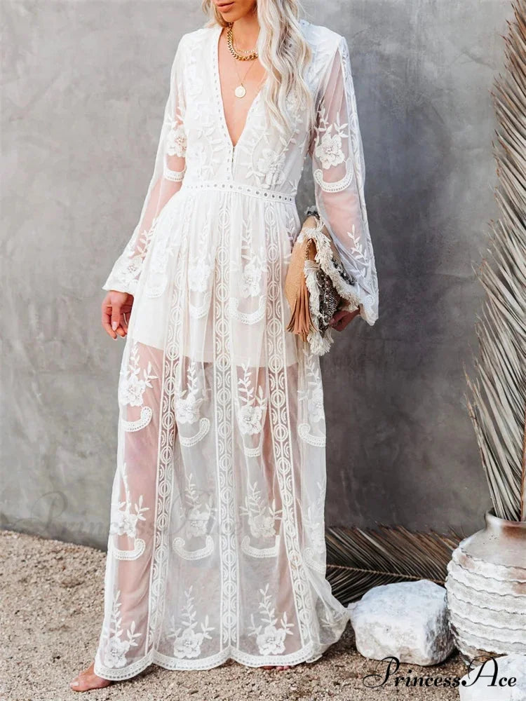 Lace Floral Mesh See Through Summer Deep V-neck Lantern Sleeve Beach Female Vestidos WHITE / S