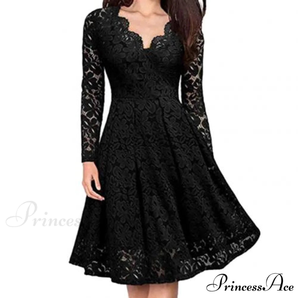 Lace Floral V Neck Long Sleeve Midi Dress black / XXL