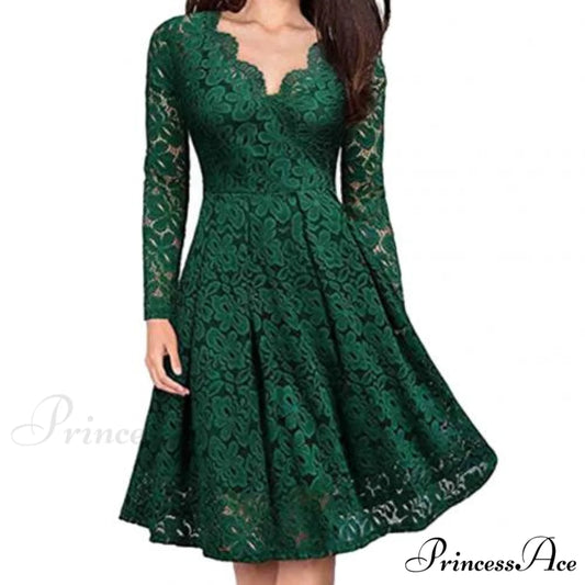 Lace Floral V Neck Long Sleeve Midi Dress green / XXL