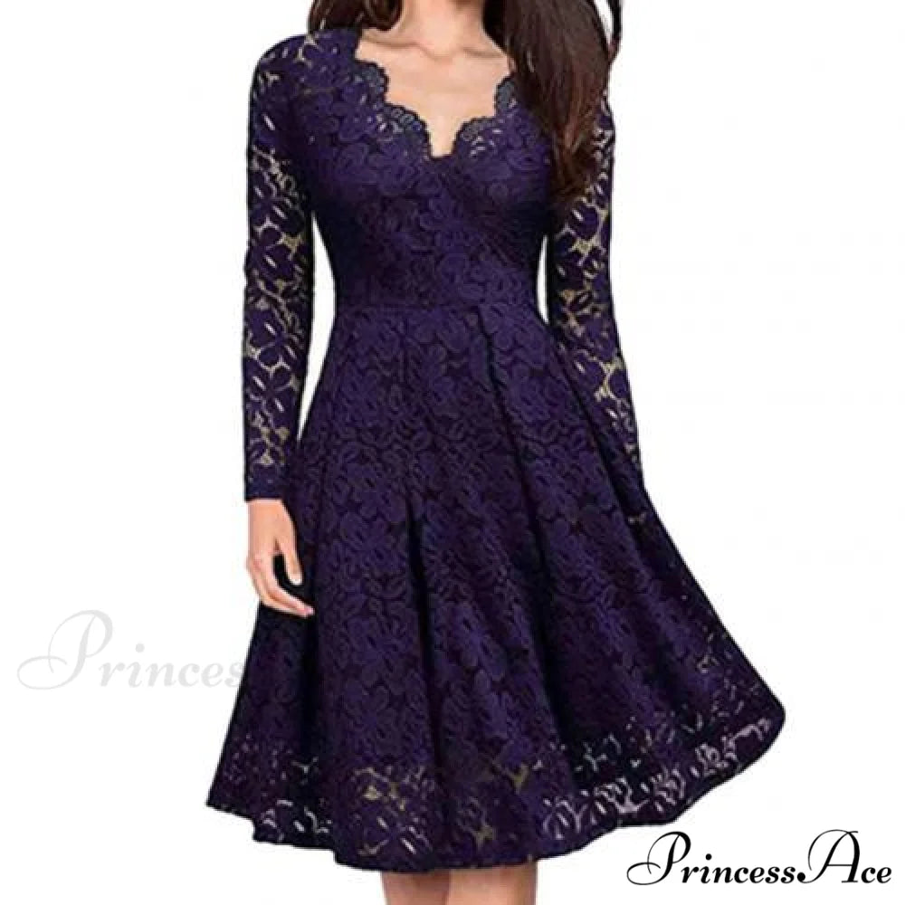 Lace Floral V Neck Long Sleeve Midi Dress Purple / XXL