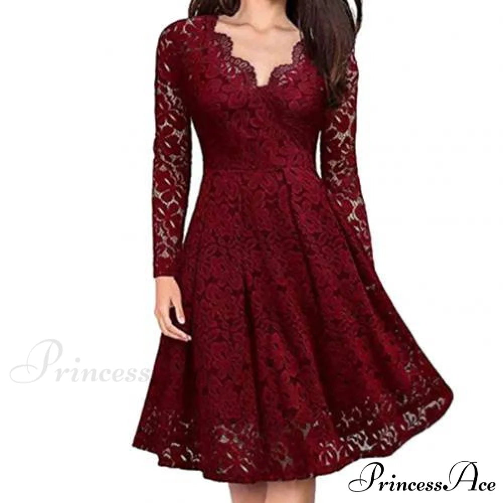 Lace Floral V Neck Long Sleeve Midi Dress Red / XXL