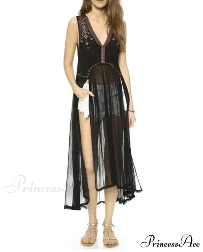 Lace Flounce Sleeve Fringe Hollow Maxi Boho Dress bohodress-250126