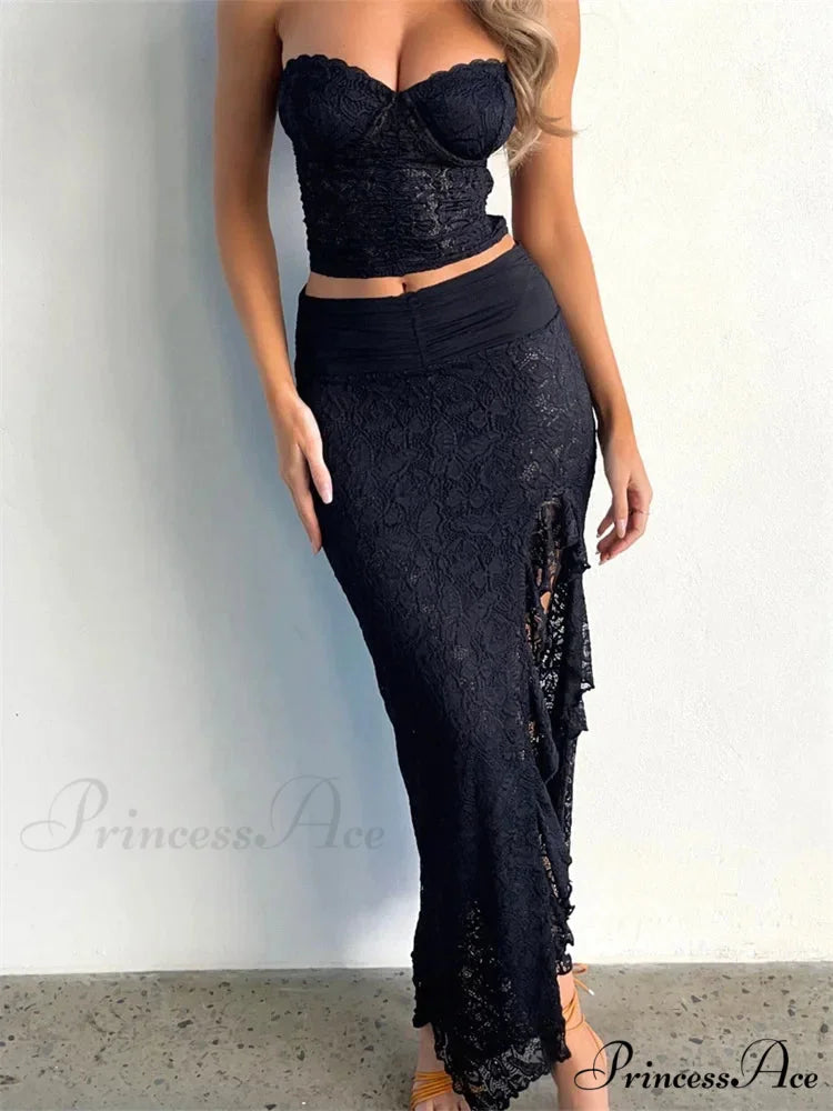 Lace Flowery Bustiers Crop Top Tall Split Long Skirt Set skirt-250126