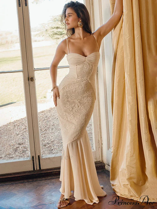 Lace Folded Sleek Bodycon Mermaid Holiday Dress Apricot / S vacationdress-250223