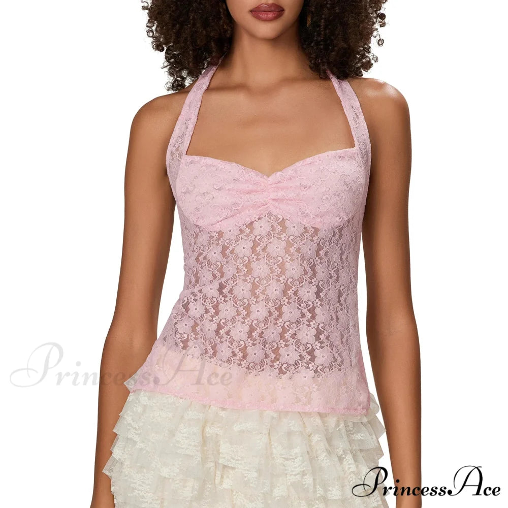 Lace Halter Bind-Up Crop Top pink 1 / S croptop-250223