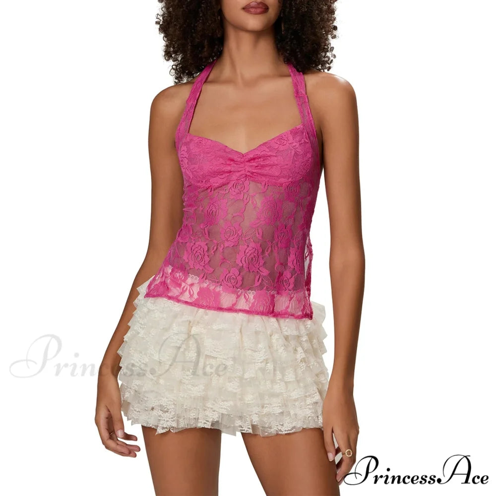 Lace Halter Bind-Up Crop Top rose1 / S croptop-250223