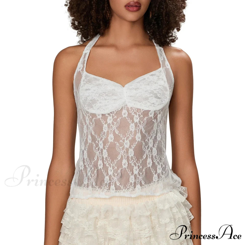 Lace Halter Bind-Up Crop Top white / S croptop-250223