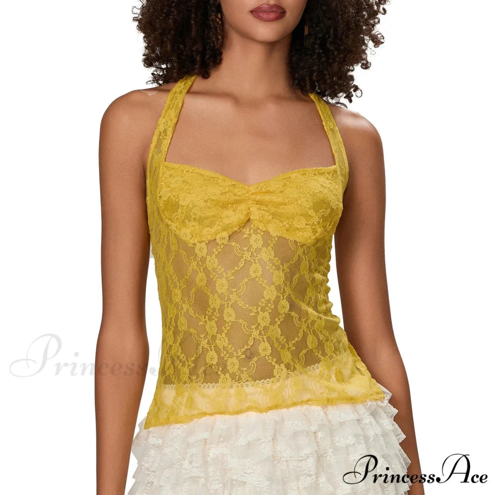 Lace Halter Bind-Up Crop Top yellow / S croptop-250223