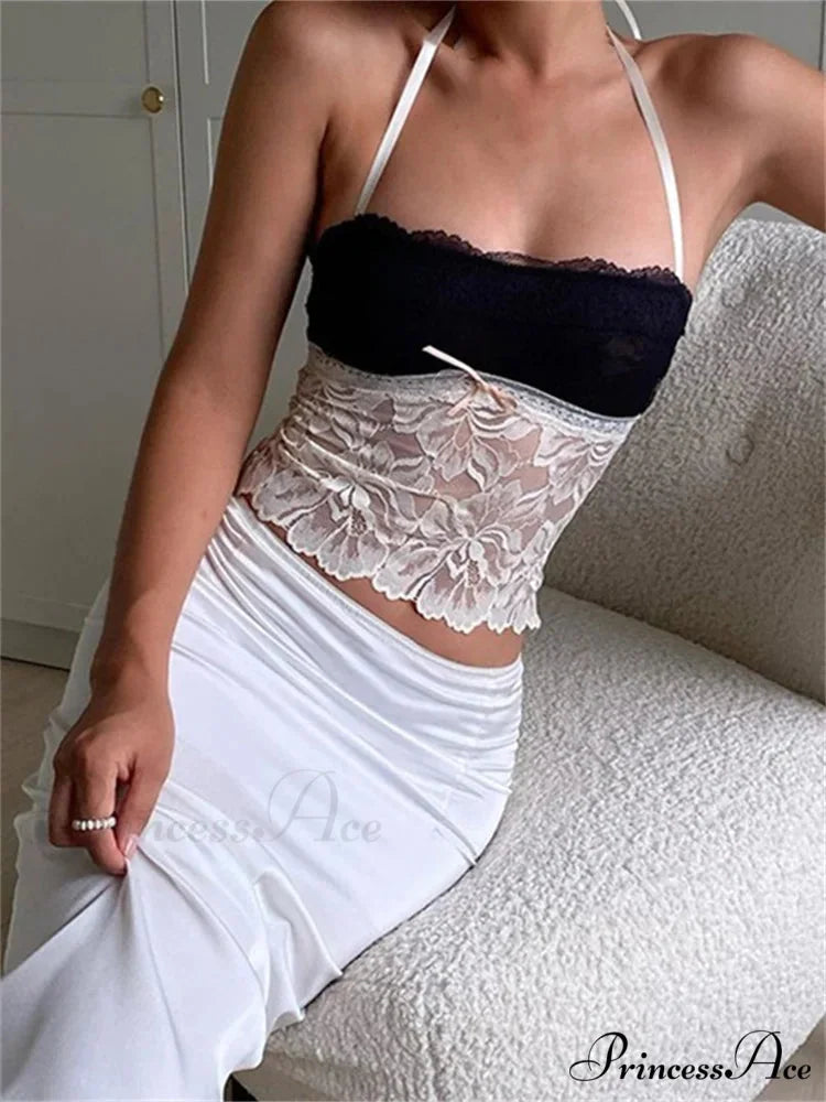 Lace Halter Bind-up Open-back Patchwork Tank Top BLACK / S croptop-250126