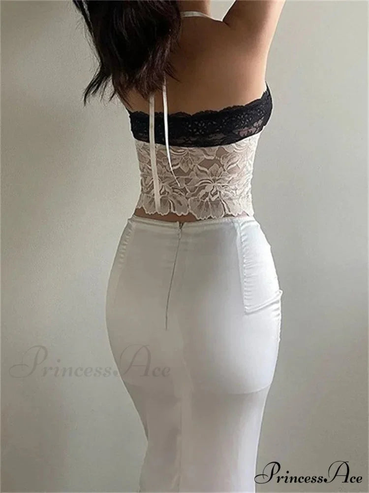 Lace Halter Bind-up Open-back Patchwork Tank Top croptop-250126