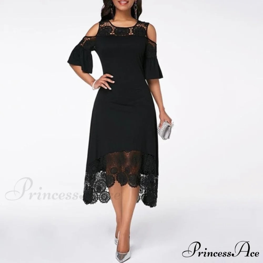 Lace Hollow Backless Elegant Party Chic Retro Dress Black B / S