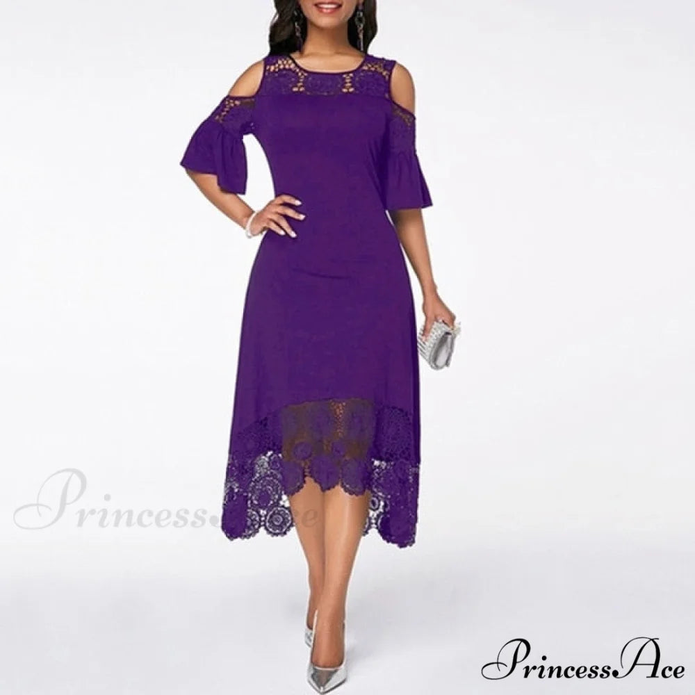 Lace Hollow Backless Elegant Party Chic Retro Dress Purple B / S