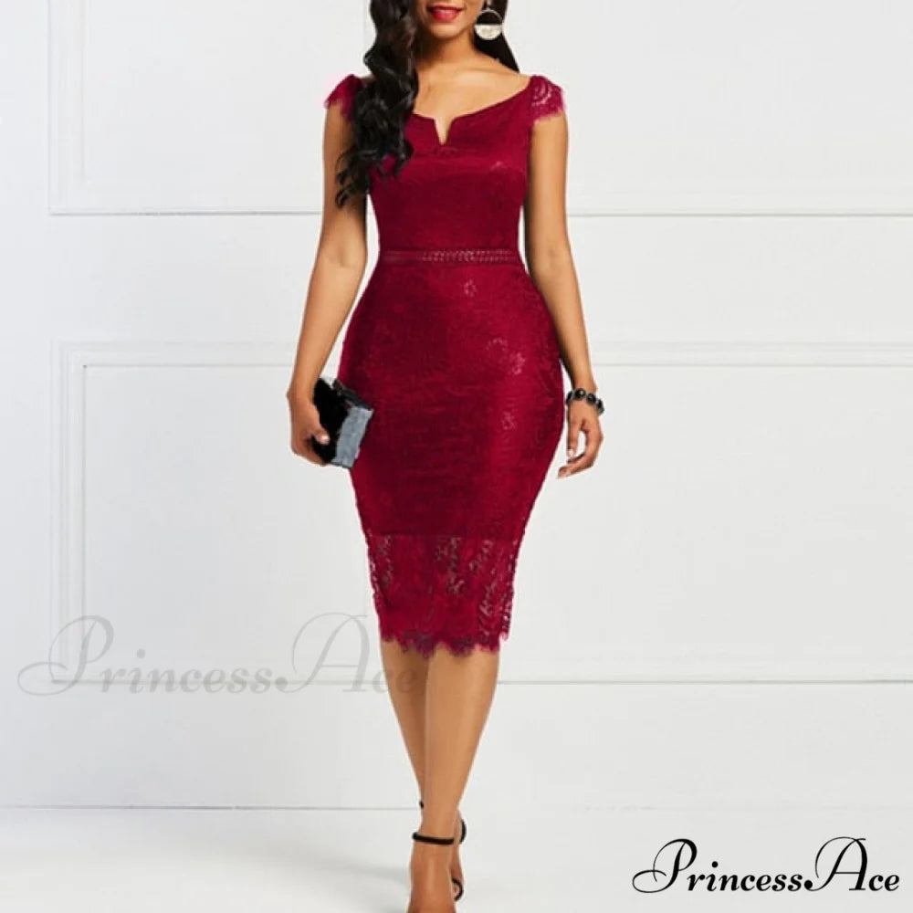 Lace Hollow Backless Elegant Party Chic Retro Dress Red A / S