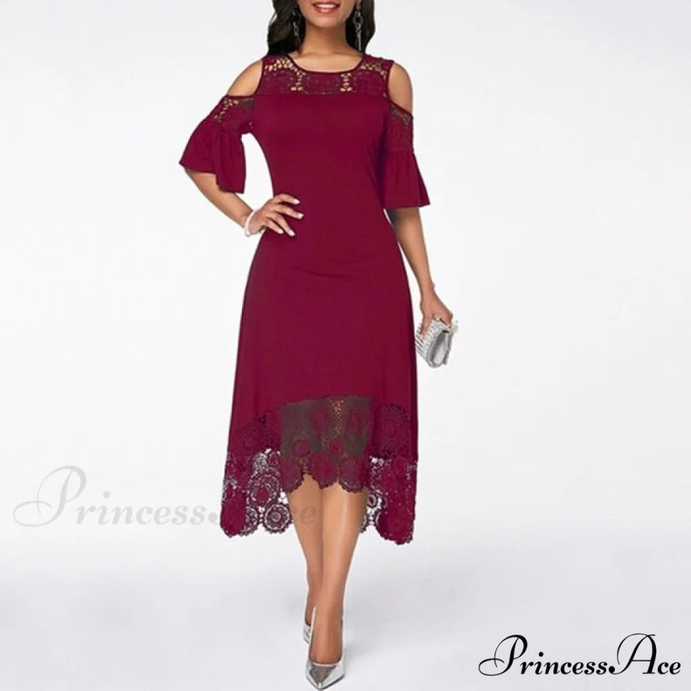 Lace Hollow Backless Elegant Party Chic Retro Dress Red B / S
