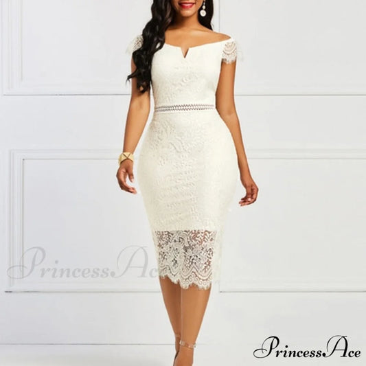 Lace Hollow Backless Elegant Party Chic Retro Dress White A / S