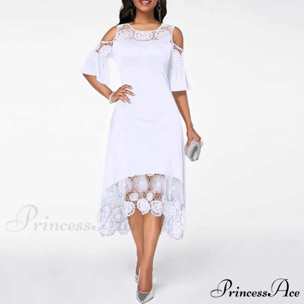 Lace Hollow Backless Elegant Party Chic Retro Dress White B / S