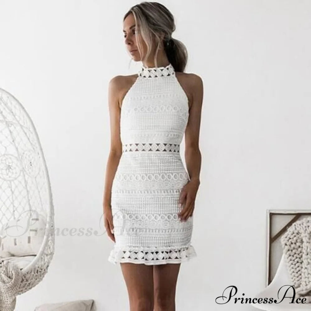 Lace Hollow Backless Elegant Party Chic Retro Dress White C / S