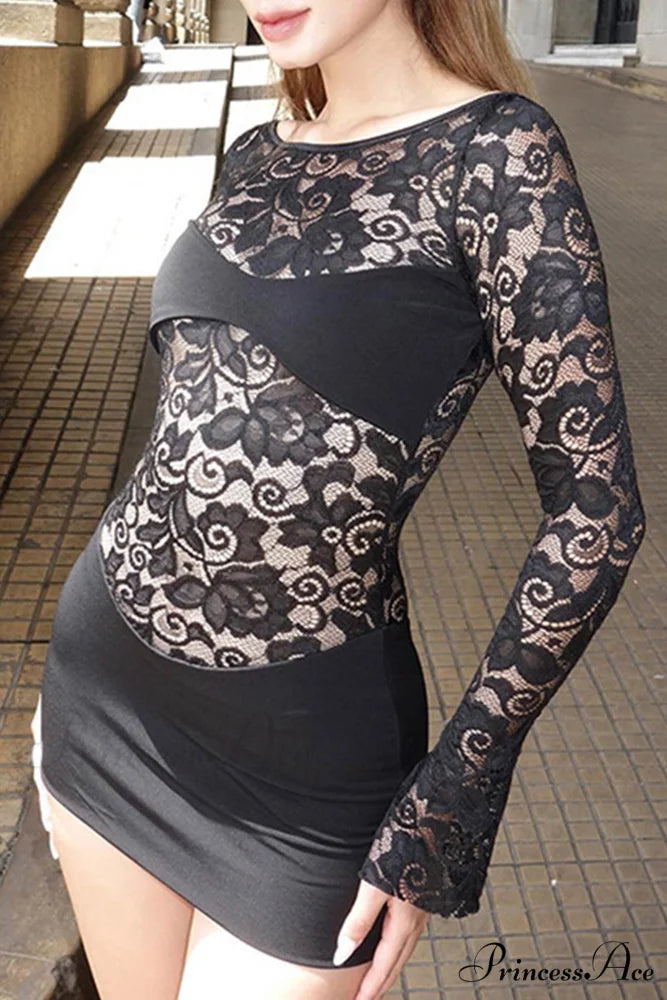 Lace Hollow Out Long Sleeve Pack Hip Dress