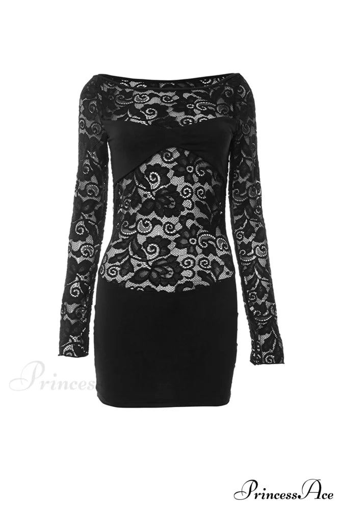 Lace Hollow Out Long Sleeve Pack Hip Dress