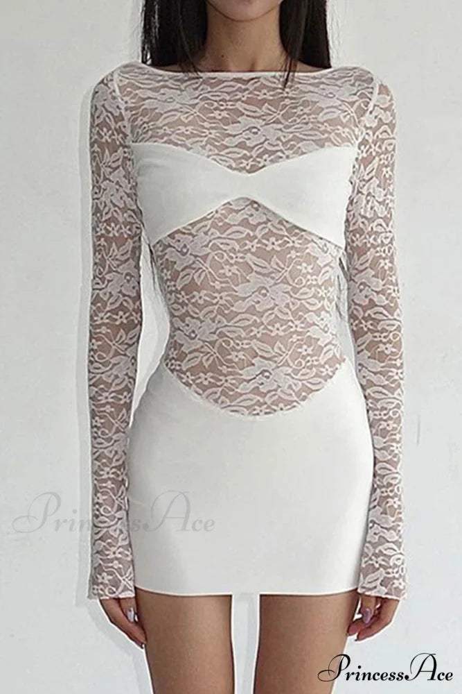 Lace Hollow Out Long Sleeve Pack Hip Dress White / L
