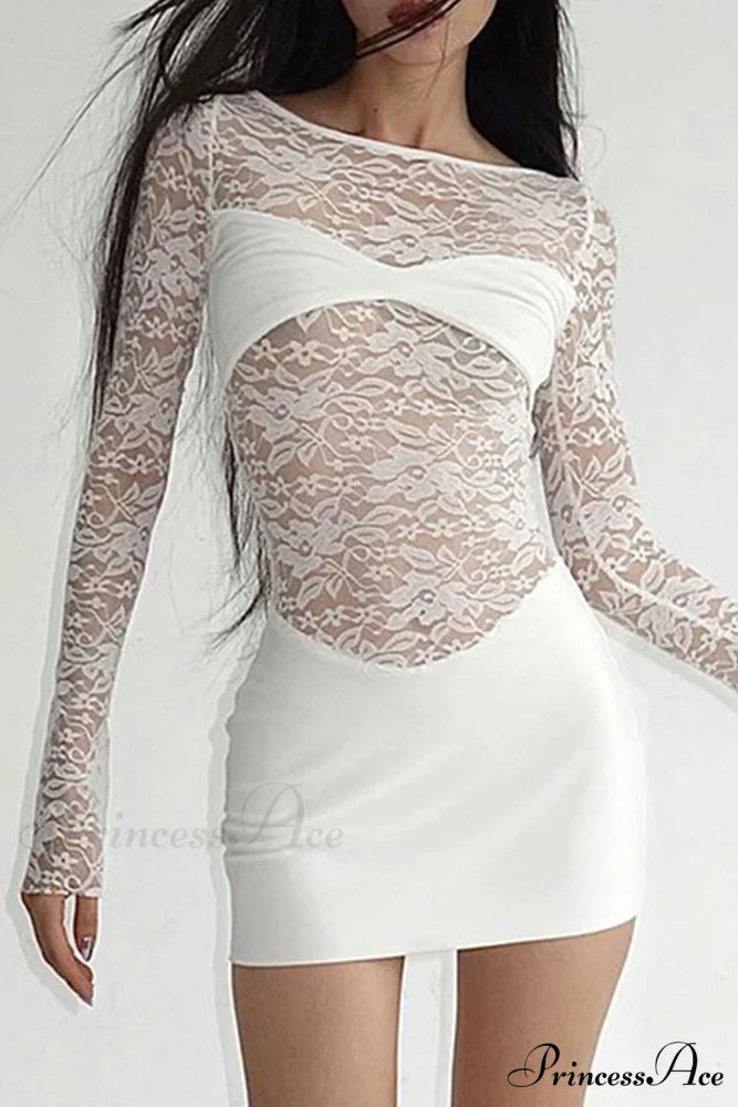 Lace Hollow Out Long Sleeve Pack Hip Dress White / M