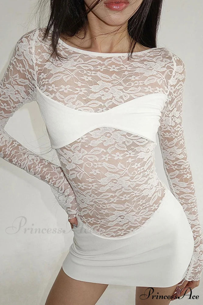 Lace Hollow Out Long Sleeve Pack Hip Dress White / S