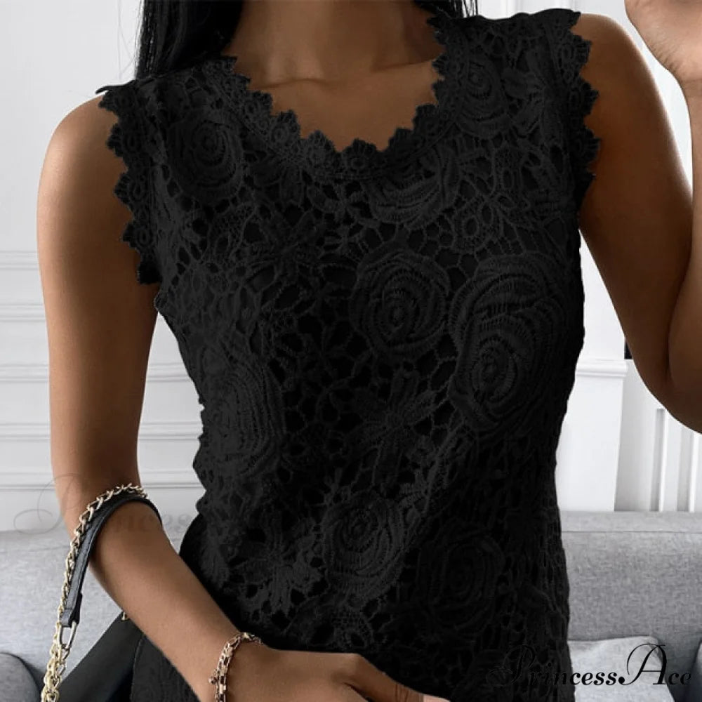 Lace Jacquard Sleeveless Casual vintage T-Shirt black / S