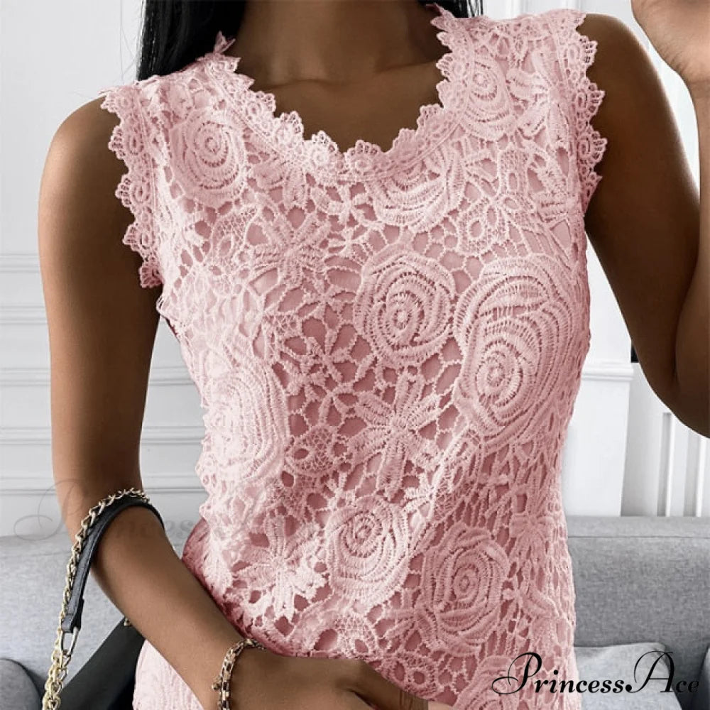 Lace Jacquard Sleeveless Casual vintage T-Shirt Pink / S