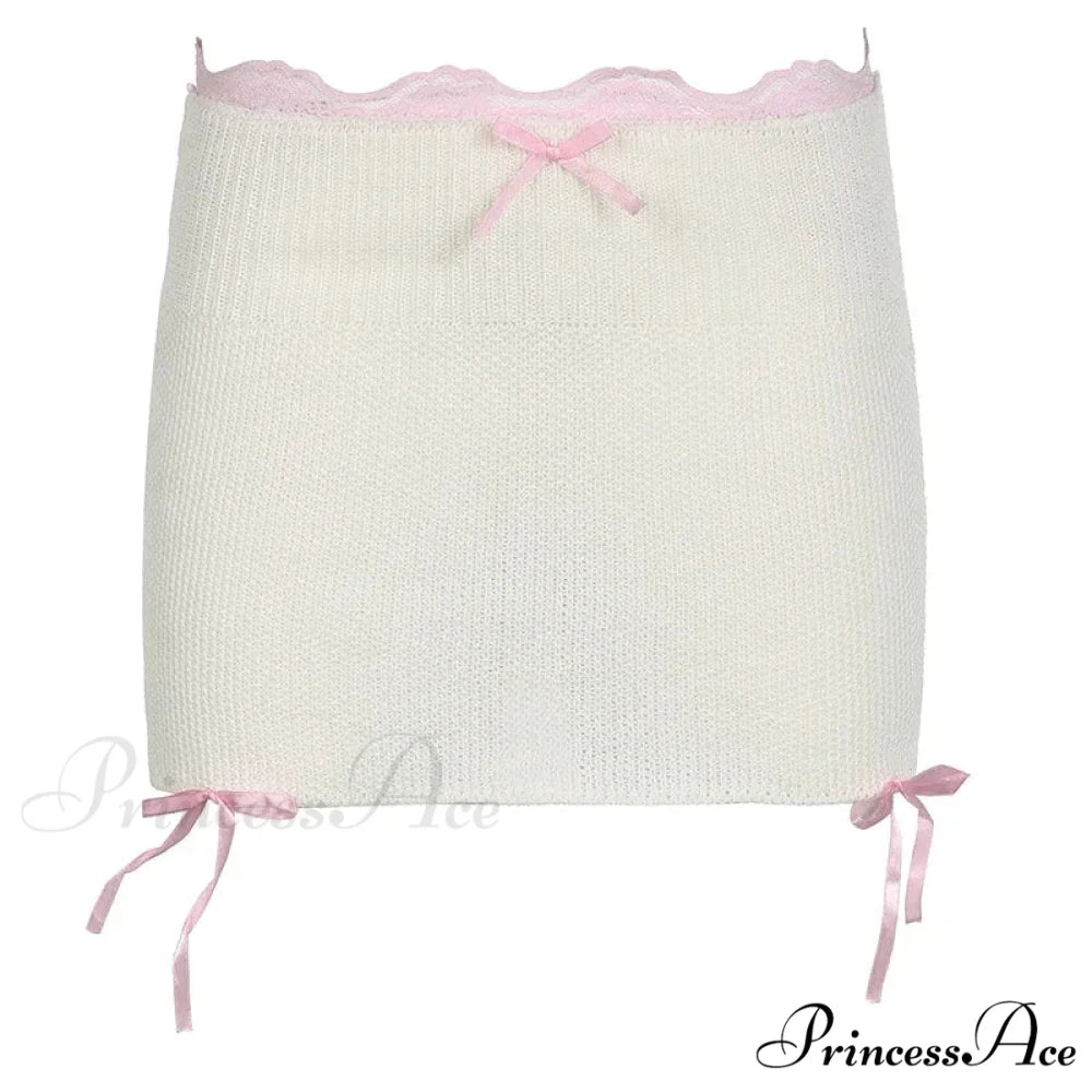 Lace Knitted Bow Fairycore Graceful Balletcore Micro Mini Skirt WHITE / L