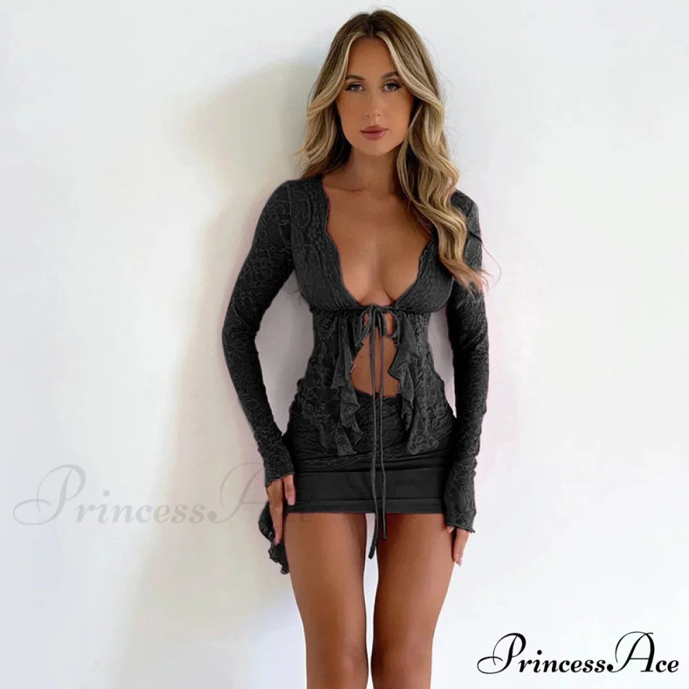 Lace Long Gown And Sexy Skirt Set Mini T-shirt Irregular Piece Arm Lace-up Party Women Sets Two Set Black / S