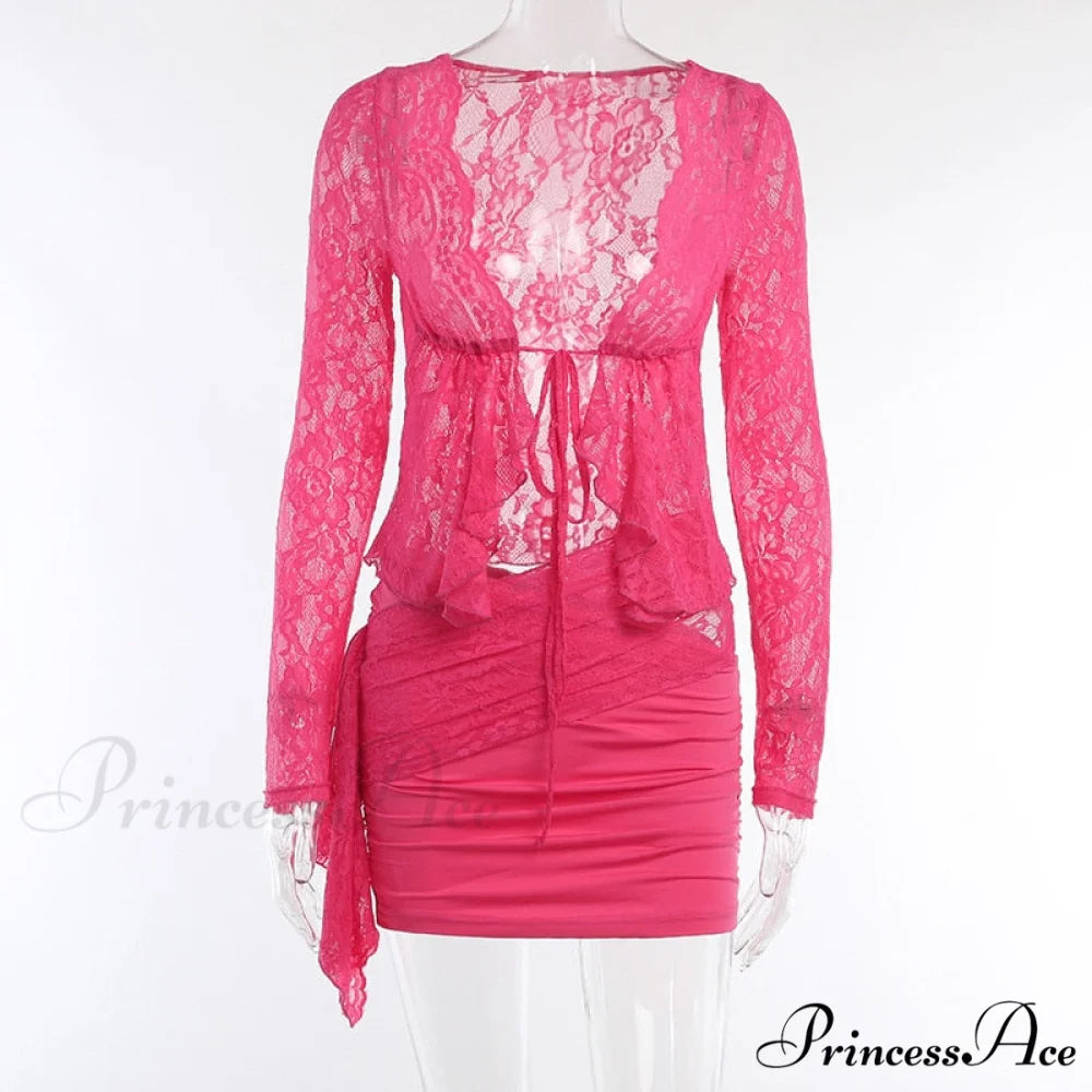 Lace Long Gown And Sexy Skirt Set Mini T-shirt Irregular Piece Arm Lace-up Party Women Sets Two Set Pink / S