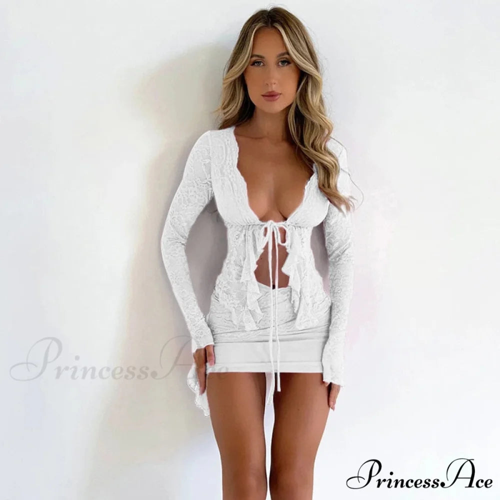 Lace Long Gown And Sexy Skirt Set Mini T-shirt Irregular Piece Arm Lace-up Party Women Sets Two Set White / S