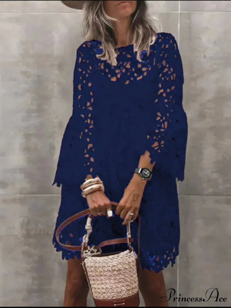 Lace Long Sleeve Hollow Dress with Round Neck M / Blue