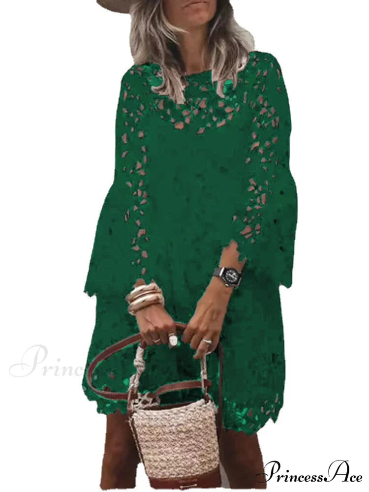 Lace Long Sleeve Hollow Dress with Round Neck S / Burgundy