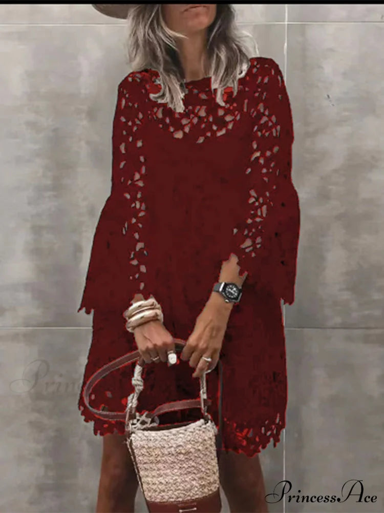 Lace Long Sleeve Hollow Dress with Round Neck S / White