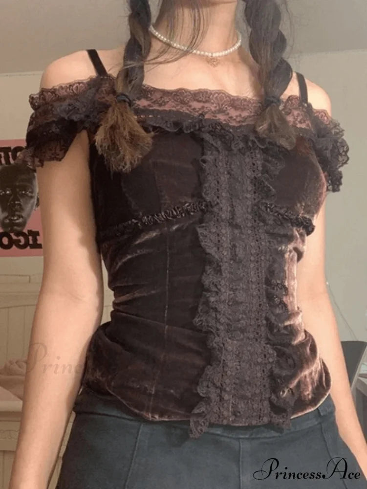 Lace O Neck Trendy Irregular Maxi Dress Brown / S