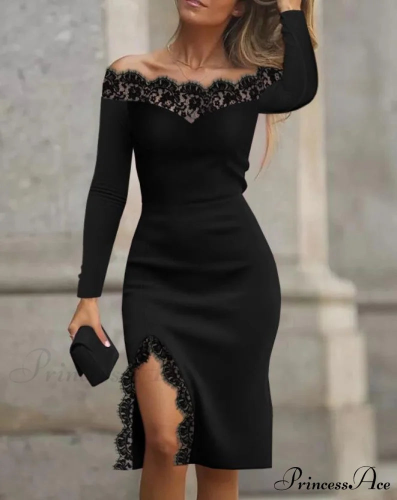 Lace Off Shoulder Long Sleeve Slit Midi Party Dress